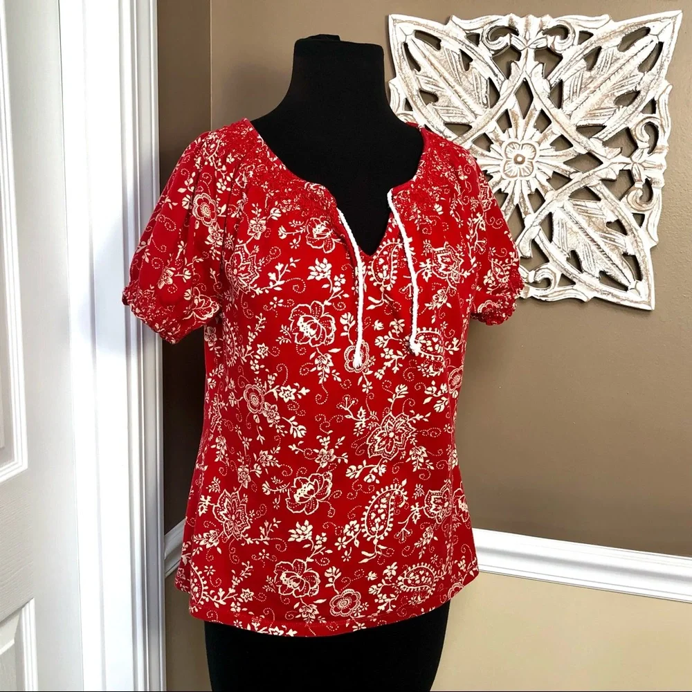 ⭐️ Lauren Jeans by Ralph Lauren Red Blouse White Floral Print with Tie - MEDIUM - Picture 3 of 12